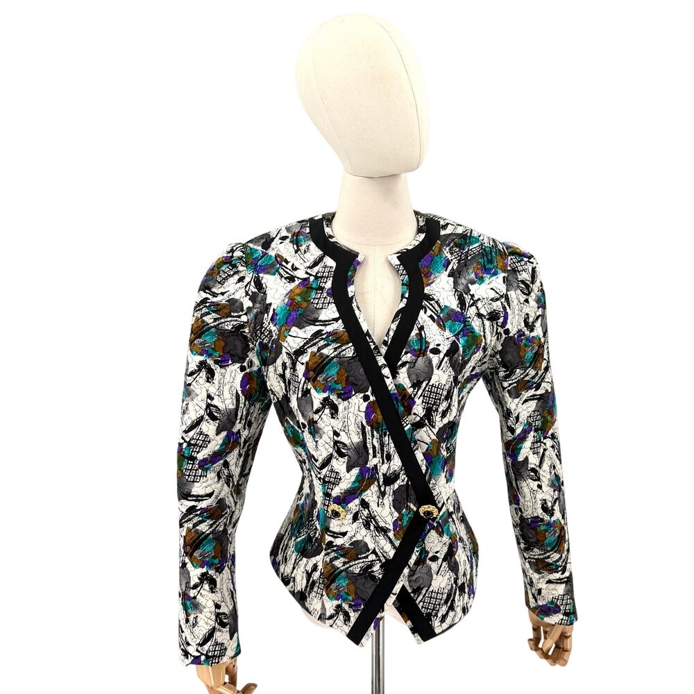 Vintage 80s Liz Elana White Black Abstract 100% Silk Quilted Peplum Jacket